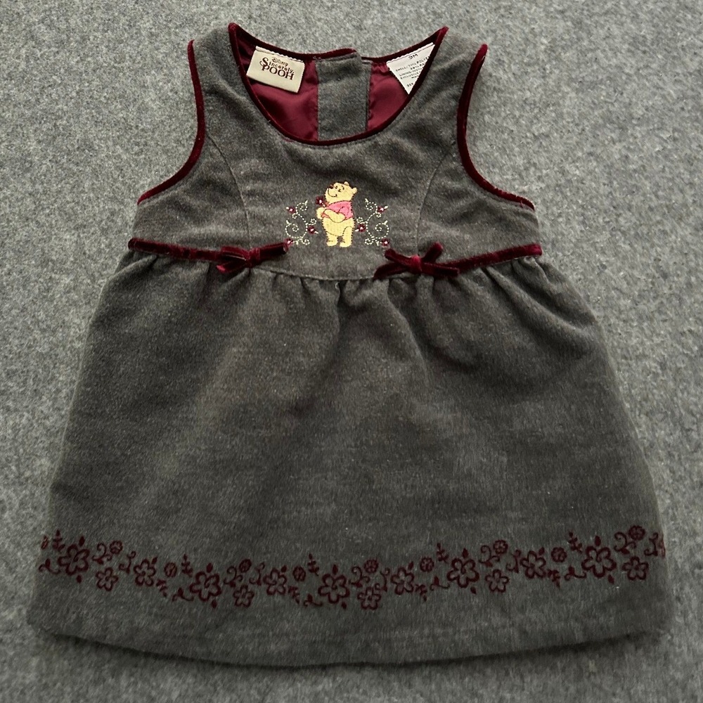 VTG Disney Sincerely Pooh Jumper Dress Girls 9M Gray Winnie The Pooh Velvet Bows